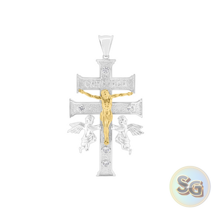 Dije de Cruz de Caravaca Bicolor en Plata 925 con Circonitas Transparentes - GMP00116RG